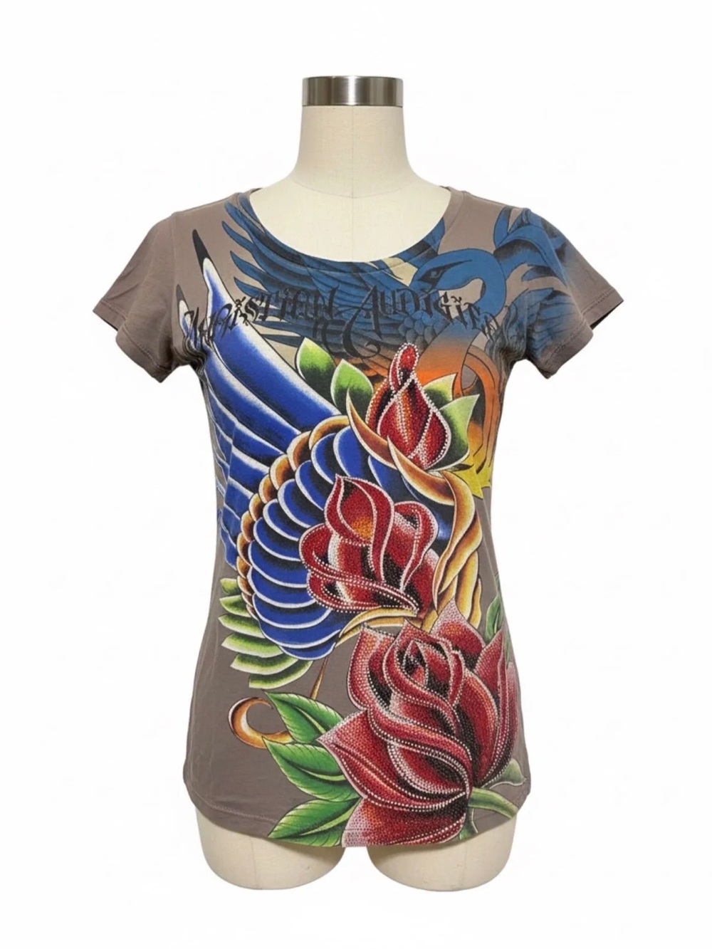 Christian Audiguier Ed Hardy Fully Embellished Rhinestone Rose Swan GRAIL Tee